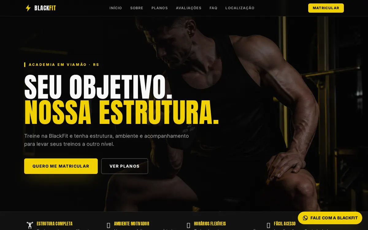 Página inicial do site demonstrativo BlackFit Evolution Hub para academia